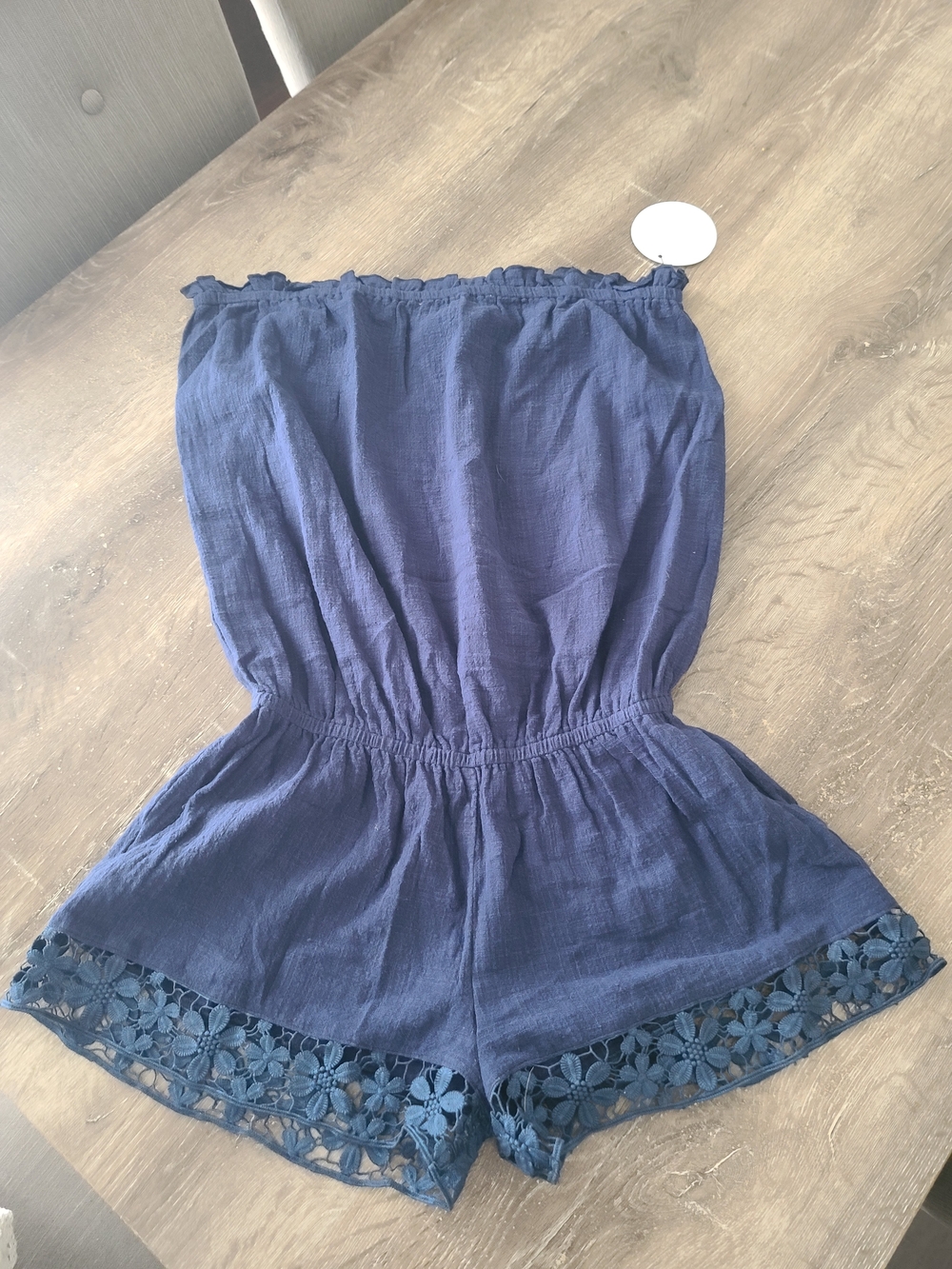En Creme Navy Strapless Lace-Hem Romper